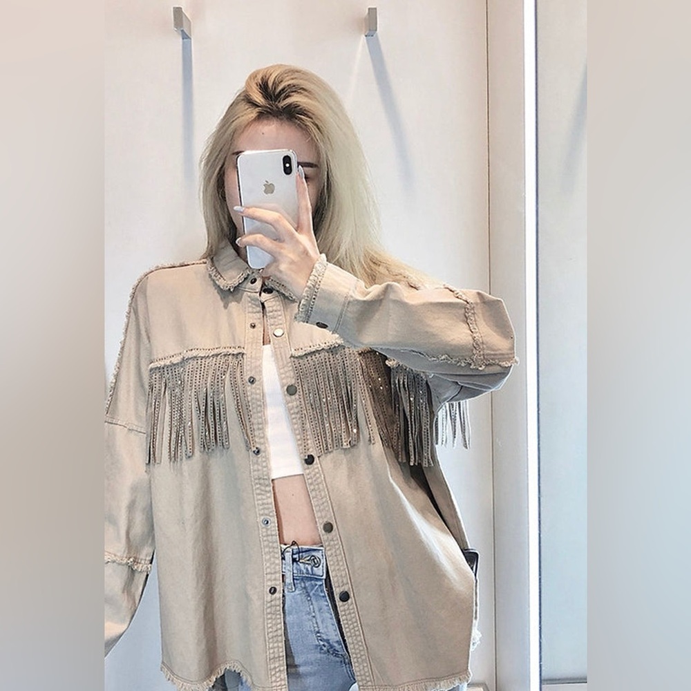Fringe Studded Snap on Jacket Shacket Shirt